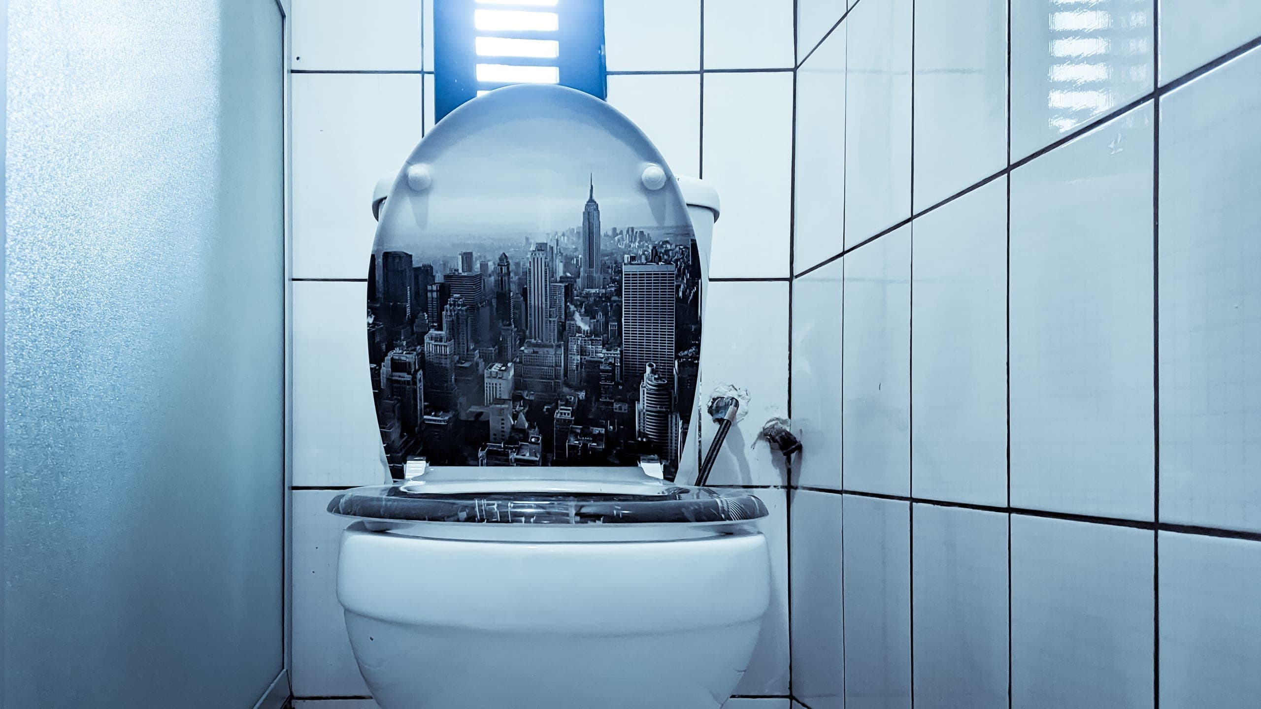 Toilet with a playful city-skyline print on the seat