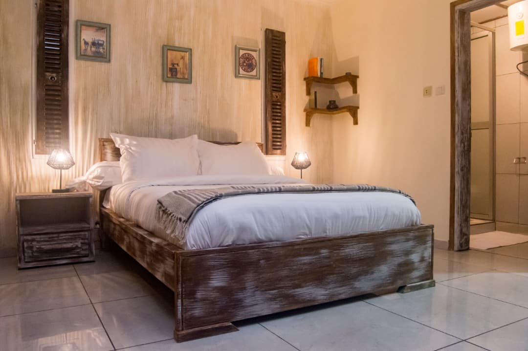 Wide view of the room in warm timber tones